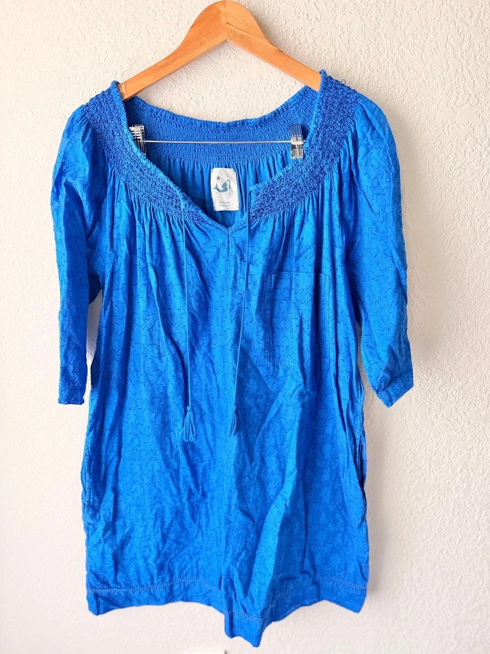Anthropologie Jacquard Blue Smocked Dress Sz L